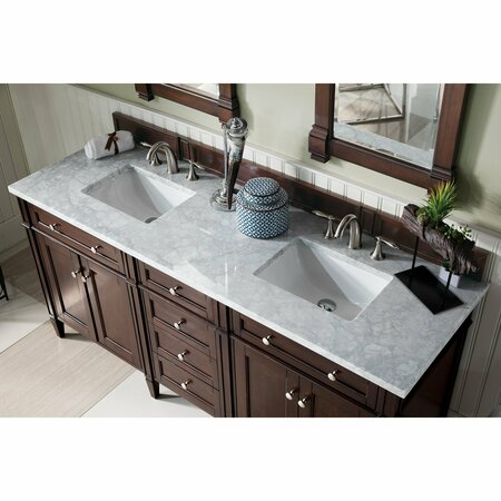 James Martin Vanities Brittany 72in Double Vanity, Burnished Mahogany w/ 3 CM Carrara Marble Top 650-V72-BNM-3CAR